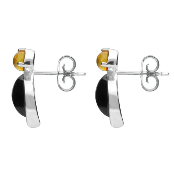 Sterling Silver Whitby Jet and Amber Two Stone Pear Drop Stud Earrings. E1815