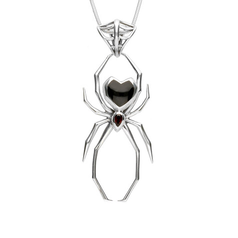 Sterling Silver Whitby Jet and Garnet 55mm Spider Web Bail Necklace. P2820