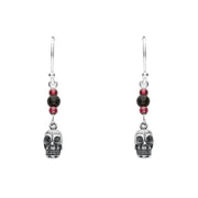 Sterling Silver Whitby Jet and Garnet Mini Skull 3 Stone Drop Earrings. E1547.