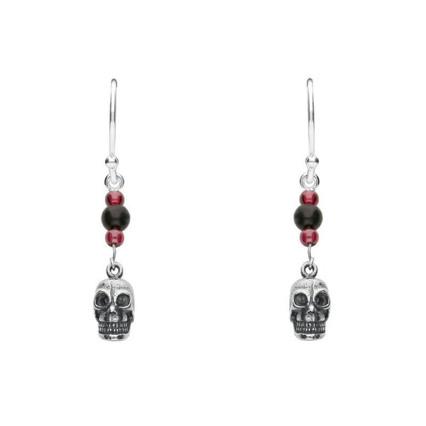 Sterling Silver Whitby Jet and Garnet Mini Skull 3 Stone Drop Earrings. E1547.