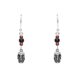 Sterling Silver Whitby Jet and Garnet Mini Skull 3 Stone Drop Earrings. E1547.