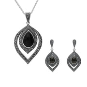 Sterling Silver Whitby Jet and Marcasite Fancy Pear Drop Two Piece Set