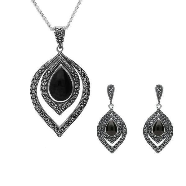 Sterling Silver Whitby Jet and Marcasite Fancy Pear Drop Two Piece Set
