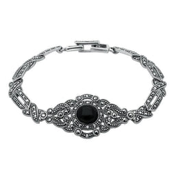 Sterling Silver Whitby Jet and Marcasite Fancy Tapered Bracelet. B880