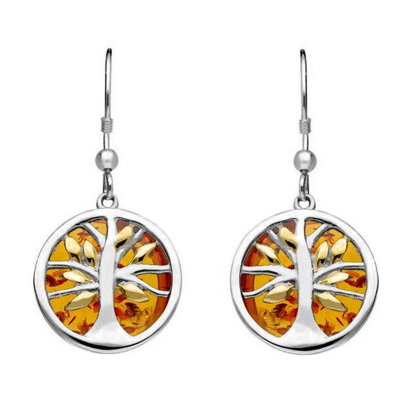 Sterling Silver Yellow Gold Plate Amber Round Tree of Life Drop Earrings E2485