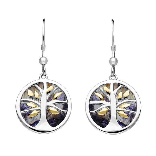 Sterling Silver Gold Plate Blue John Round Tree of Life Drop Earrings E2485