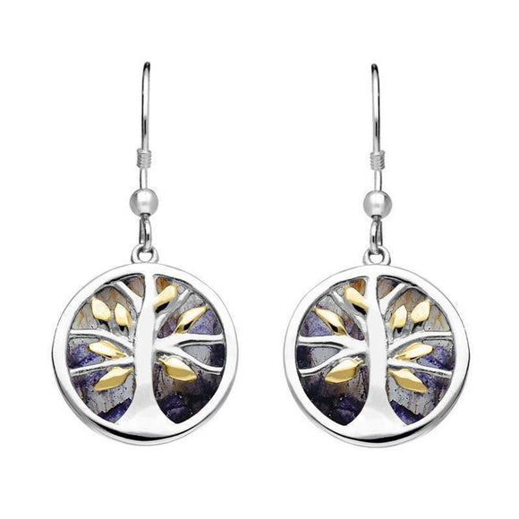 Sterling Silver Gold Plate Blue John Round Tree of Life Drop Earrings E2485