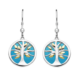 Sterling Silver Yellow Gold Plate Turquoise Medium Round Tree of Life Two Piece Set S065