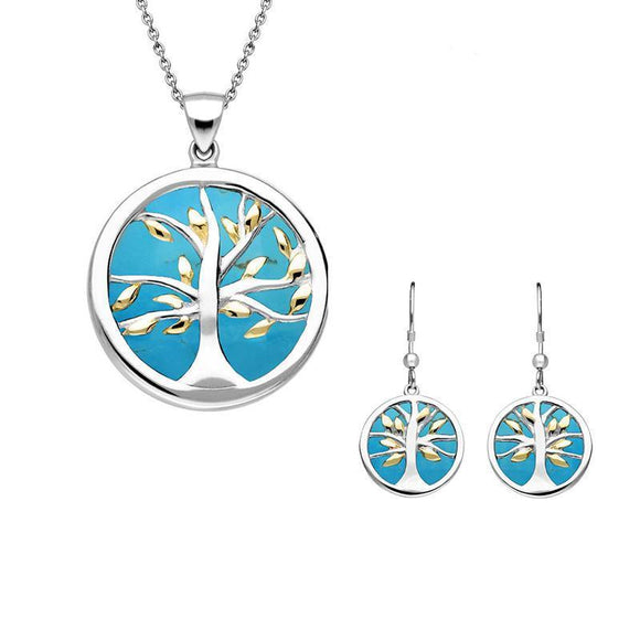 Sterling Silver Yellow Gold Plate Turquoise Medium Round Tree of Life Two Piece Set S065