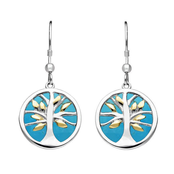 Sterling Silver Gold Plate Turquoise Round Tree of Life Drop Earrings E2485