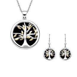 Sterling Silver Yellow Gold Plate Whitby Jet Medium Round Tree of Life Two Piece Set S065