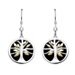 Sterling Silver Yellow Gold Plated Whitby Jet Large Round Tree of Life Two Piece Set