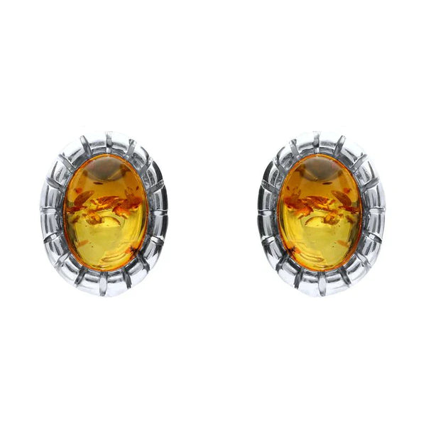 Sterling Silver Baltic Amber Oval Beaded Edge Small Stud Earrings E1793