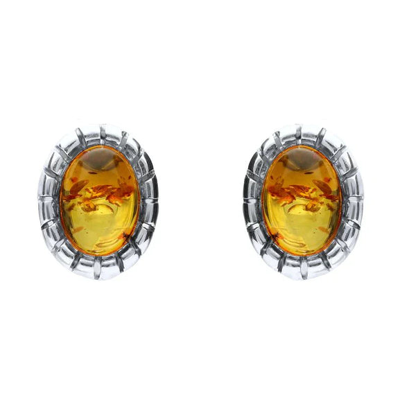 Sterling Silver Baltic Amber Oval Beaded Edge Small Stud Earrings E1793