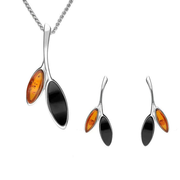 Sterling Silver Whitby Amber Two Stone Leaf Two Piece Set