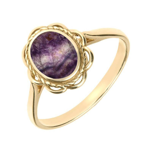 00003339 C W Sellors 9ct Yellow Gold Blue John Frill Rope Edge Ring, R010.