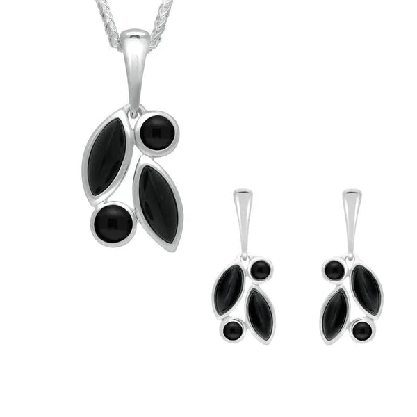 Sterling Silver Whitby Jet Four Stone Leaf Drop Two Piece Set S047