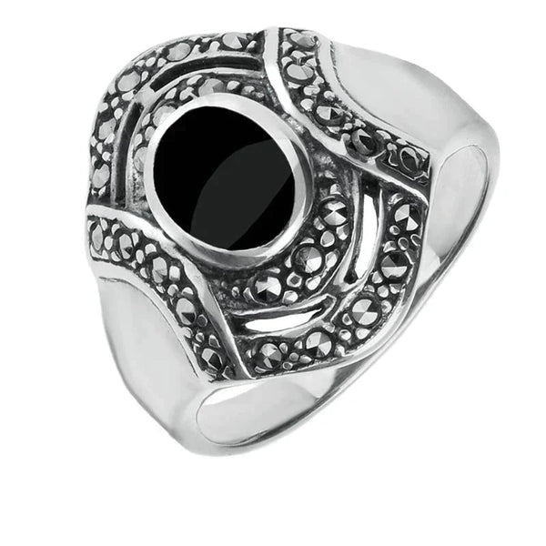 00006683 C W Sellors Sterling Silver Whitby Jet Marcasite Oval Stone Framed Ring, R526.