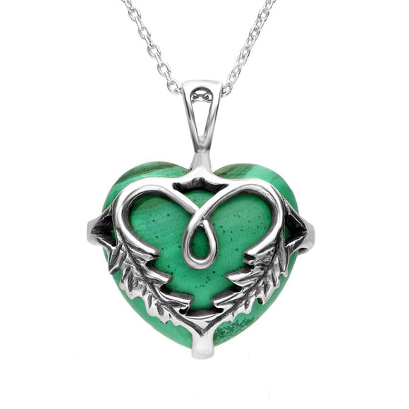 00151016 C W Sellors Sterling Silver Malachite Medium Acanthus Heart Necklace, P2051.  
