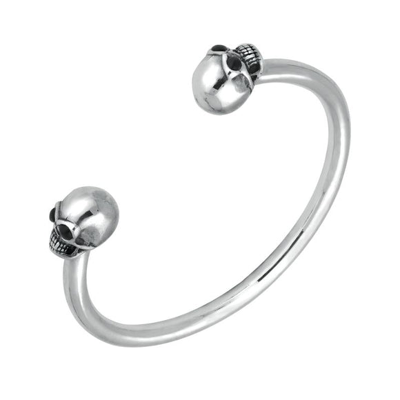 00090942 C W Sellors Sterling Silver Whitby Jet Medium Skull Torc Bangle. B849