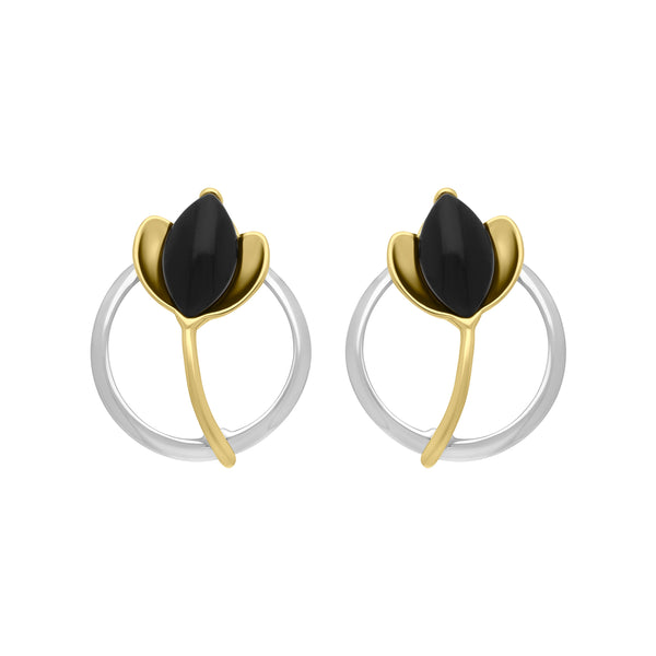 Yellow Gold Plated Sterling Silver Whitby Jet Open Circle Leaf Earrings, E2619