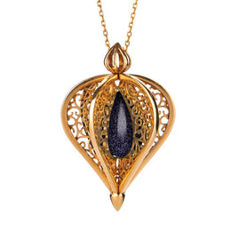 Yellow Gold Vermeil Blue Goldstone Flore Filigree Droplet Necklace P2330C