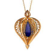 Yellow Gold Vermeil Lapis Lazuli Flore Filigree Droplet Necklace P2330C