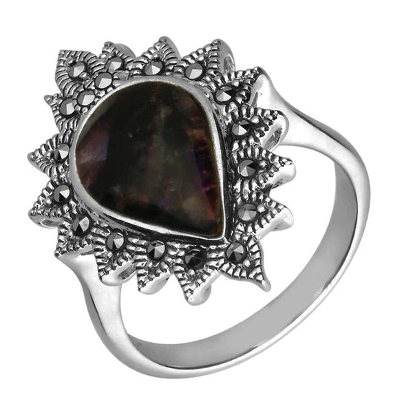 Silver Blue John Marcasite Pear Beaded Edge Ring R816