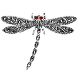 Sterling Silver Marcasite Garnet House Style Dragonfly Brooch M336