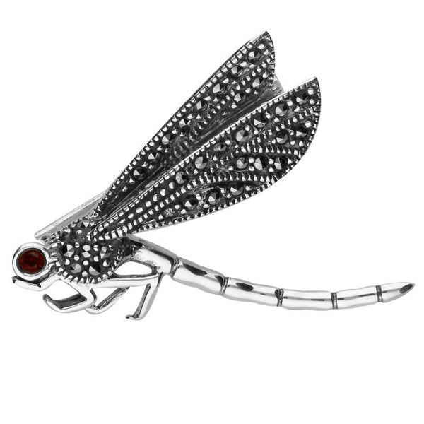 Sterling Silver Marcasite Garnet House Style Flying Dragonfly Brooch M339
