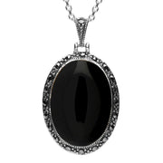 Sterling Silver Whitby Jet Marcasite Oval Star Back Necklace
