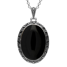 Sterling Silver Whitby Jet Marcasite Oval Star Back Necklace