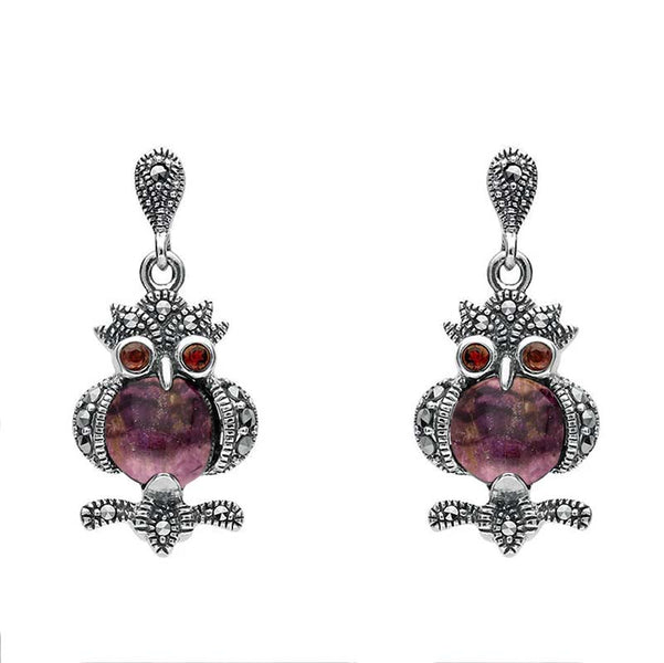 Sterling Silver Blue John Marcasite and Garnet Owl Drop Earrings. E2237.