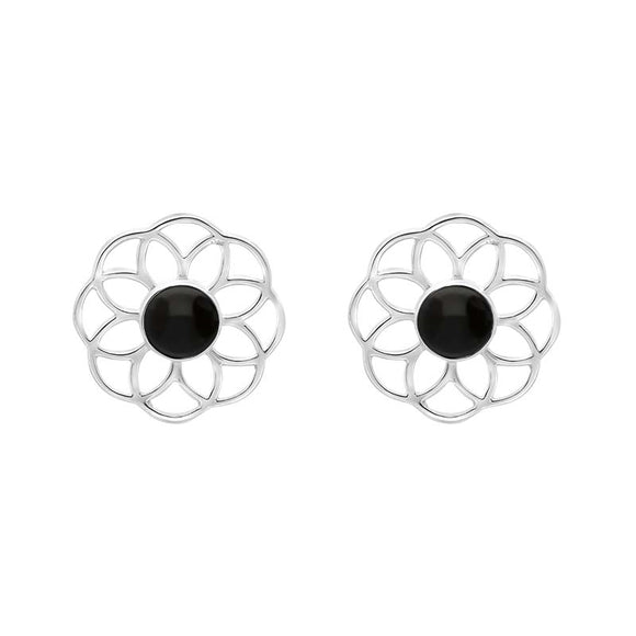 Sterling Silver Whitby Jet Flower Stud Earrings E2422