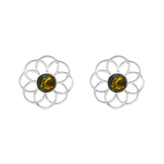Sterling Silver Amber Flower Stud Earrings, E2422.