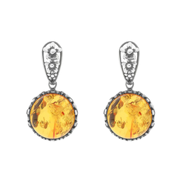 Sterling Silver Amber Round Flower Edge Drop Earrings E1557