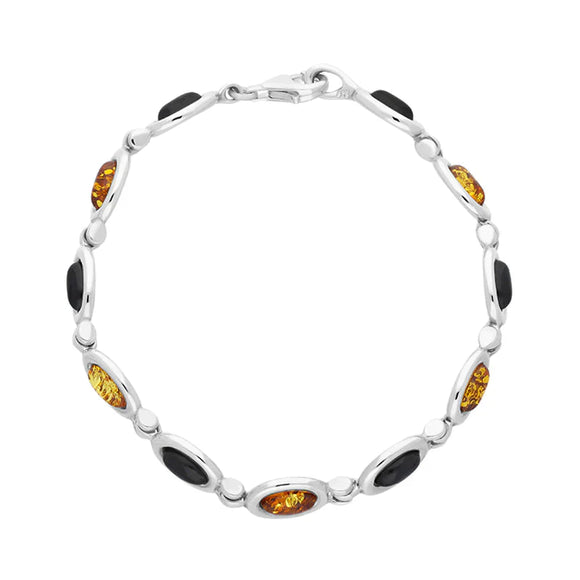 Sterling Silver Amber Whitby Jet Framed Oval Bracelet