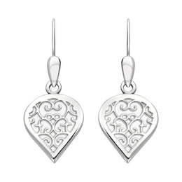 Sterling Silver Bauxite Flore Filigree Heart Drop Earrings. E2588.