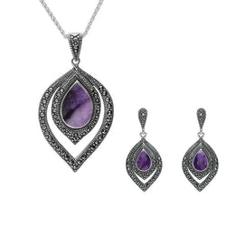 Sterling Silver Blue John and Marcasite Fancy Pear Drop Two Piece Set