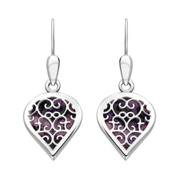 Sterling Silver Blue John Flore Filigree Heart Drop Earrings. E2588.