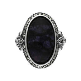 Sterling Silver Blue John Marcasite Frame Large Oval Ring