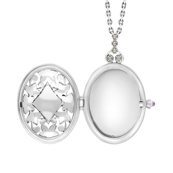 Sterling Silver Blue John Marcasite Large Oval Flower Edge Locket Necklace