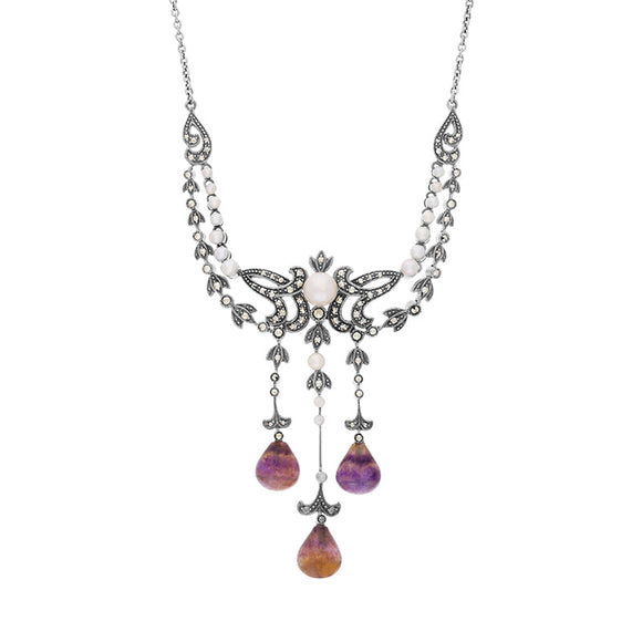 Sterling Silver Blue John Marcasite Pearl Triple Drop Necklace, N917.