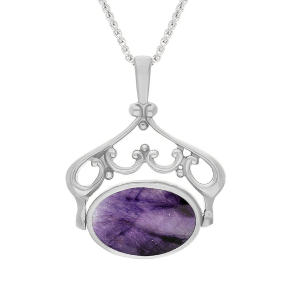 Sterling Silver Blue John Mother Of Pearl Ornate Double Sided Oval Swivel Fob Necklace, P116_8.