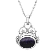 Sterling Silver Blue John Whitby Jet Ornate Double Sided Oval Swivel Fob Necklace