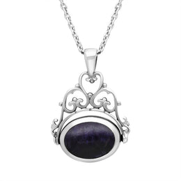 Sterling Silver Blue John Whitby Jet Ornate Double Sided Oval Swivel Fob Necklace