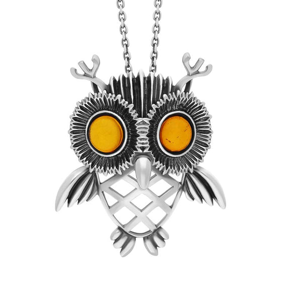Sterling Silver Large Amber Owl Necklace, P3719.