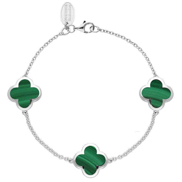 Sterling Silver Malachite Bloom Four Leaf Clover Chain Bracelet, B1196