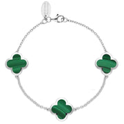 Sterling Silver Malachite Bloom Four Leaf Clover Chain Bracelet, B1196