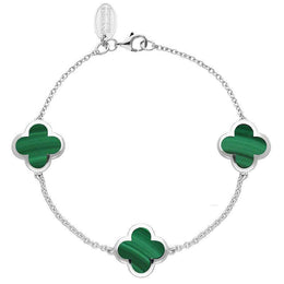 Sterling Silver Malachite Bloom Four Leaf Clover Chain Bracelet, B1196